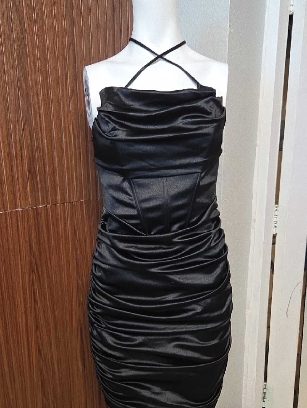 Black Strapless Ruched Satin Mini Dress [1236] Large Sz